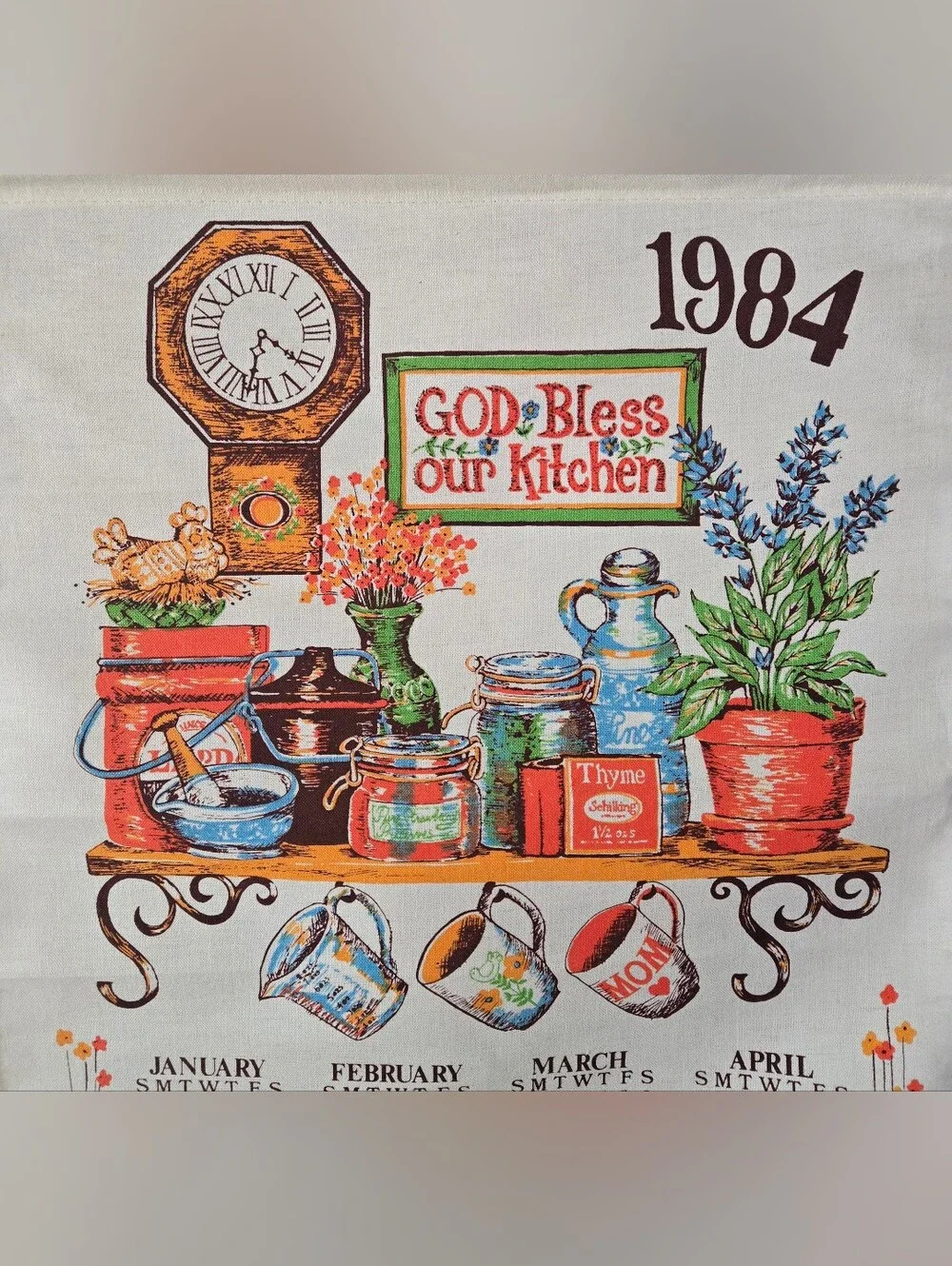 Vintage 1984 Calendar Linen Tea Towel w/ Rod & String to Hang Kitchen Theme